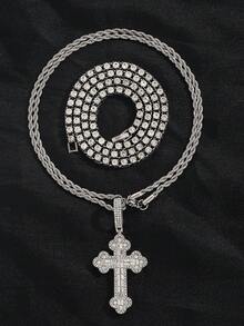 Fashionable Minimalist Cross Pendant Necklace Combo With Twisted Chain And Tennis Chain, Punk Style Zinc Alloy Jewelry For Daily Wear - Silver Cross - View 7
