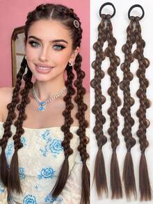 2条长发辫子橡皮筋辫子发纤维合成假发，适合女性日常佩戴和角色扮演 - 彩色 - 查看 16