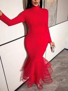 Vestido de sirena elegante rojo de malla con capas para mujer, de cuello alto, manga larga y estilo ajustado, adecuado para invitados de boda y el Día de San Valentín - Rojo - Ver 9