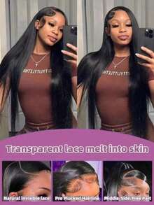26 Inch Lace Front Wigs Human Frontal Hair Pre Plucked Straight Brazilian 5x5 Glueless Pre Cut Put And On 13x4 Lace Front 1B Natural Black Blended Hair Wigs Lace Frontal 200% Density Wigs For Women Party Daily Life - Natural & Black - View 5
