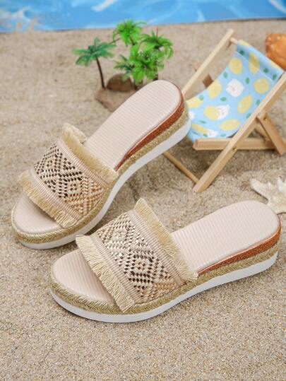 1 Pair Girls' Summer High Heel Slide Sandals, Fashionable Knitted Pattern Minimalist Slip-On, Suitable For Daily, Vacation, Beach, Lightweight & Comfortable, Versatile Platform Slippers