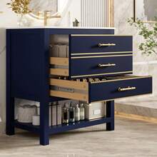 Vanity Unit With Ceramic Basin – Freestanding Bathroom Unit With 2 Drawers And An Open Compartment, High-Quality Lacquered MDF Panel, Gold Handles, Without Tap Or Drain - Black + Blue - View 3