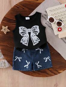 2pcs Baby Girl Fashionable Summer Set: Sleeveless Bow Print Top And Butterfly Print Ruffled Denim Shorts - Black - View 2