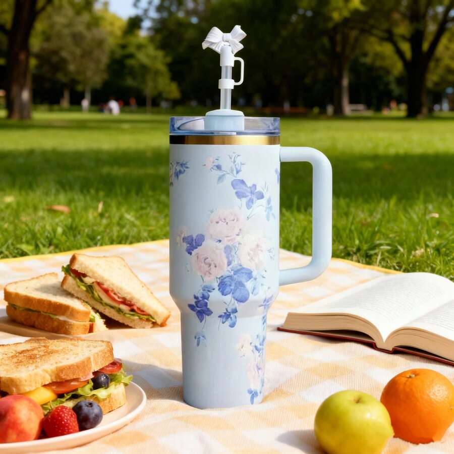 STANLEYO Modern 40oz Light Blue Floral Print Insulated Tumbler With Bow-Topped Straw, White Ergonomic Handle & Gold Accent, Stainless Steel Double-Wall Vacuum Cup For Desk Use, Travel, Daily Commute & Outdoor Activities, Best Christmas & Halloween Gift For Family & Friends - 淺藍色 - 查看 1