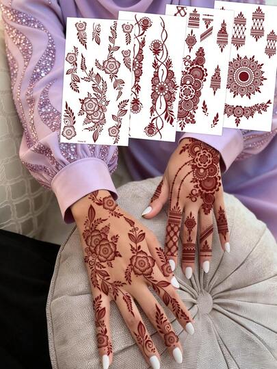 4pcs Floral Design Brown, Red, Burgundy Sexy Toe/Finger Temporary Tattoo Stickers, Suitable For Women, Henna Inspired Flower Print Waterproof Tattoo Stickers, Brown Tattoo Stickers For Body Art, Wedding Party
