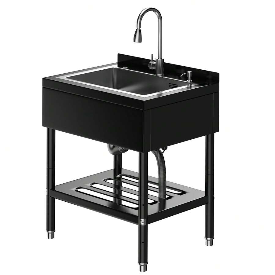 Fregadero Utilitario de Acero Inoxidable, Lavabo Independiente 65x53x100 cm para Lavandería, Cocina o Garaje, Incluye Kit de Fontanería y Desagüe - Plateado - Ver 1