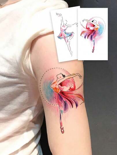 2张女士人体彩绘临时纹身贴纸，优雅美丽的舞者图案。防水假纹身，可持续2-5天，可贴于手臂、颈部、肩部、腰部和腿部。易于粘贴和去除，是节日、派对、送礼、度假和音乐节的理想之选。
