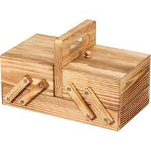 Cesta de costura de madera con asa, caja de costura extensible sin contenido, caja de manualidades multifuncional para viajes en casa y emergencia (rojo vino) - Color de quemado de luz - Ver 3