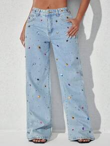 Pearl Embellishment Low Waist Wide Leg Casual Blue Slanted Pocket Curved Women'S Jeans - Baby Blue - View 3