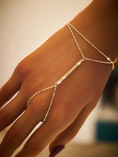 SYMFNY 1pc 925 Sterling Silver Elegant Pave Bar Cubic Zirconia Finger Hand Chain Bracelet, Suitable For Women's Daily, Party, Holiday Wear