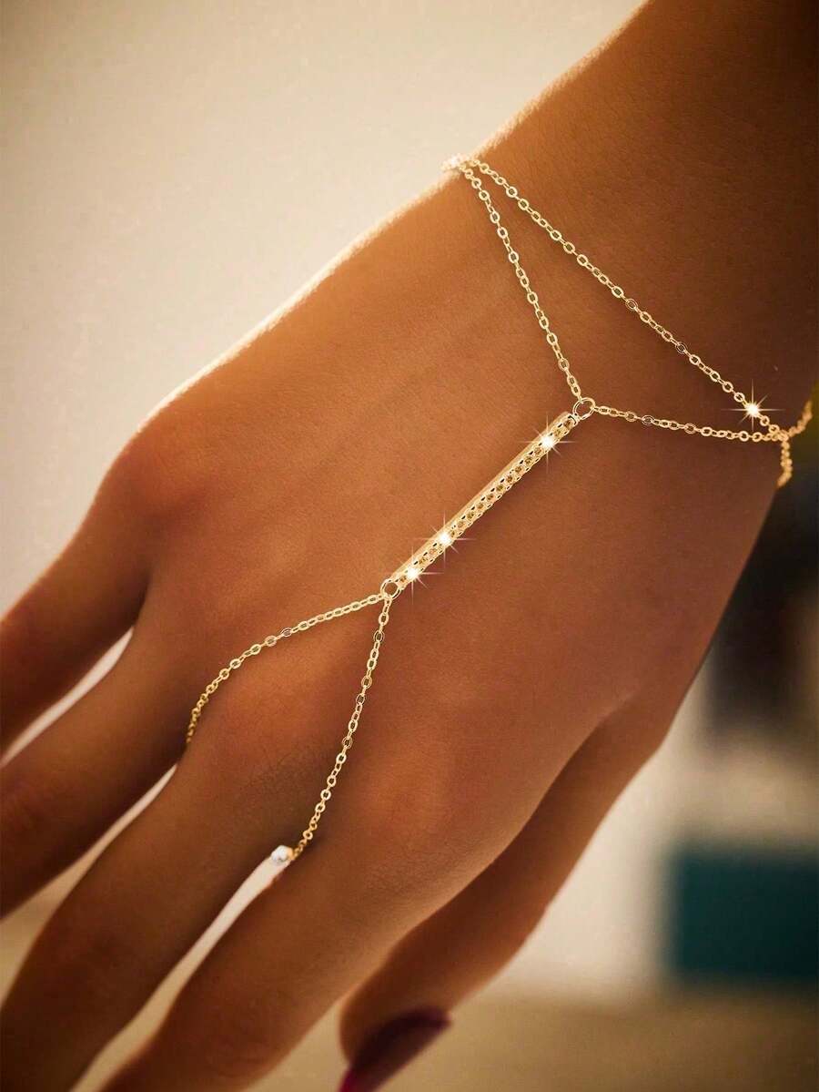 SYMFNY 1pc 925 Sterling Silver Elegant Pave Bar Cubic Zirconia Finger Hand Chain Bracelet, Suitable For Women's Daily, Party, Holiday Wear - Yellow Gold - View 1