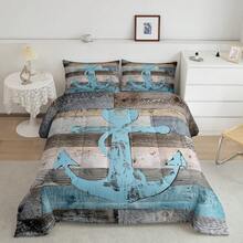 Castle Fairy 3pcs Anchor Nautical  Comforter Set Queen/King Size Fish Hook Lake House Fishing Theme Bedding Set Suitable For Women  Adults Room Decor Wooden Plank Camper  Comforter Blue Rustic Bedding Set 2 Pillowcases - 灰色天藍色 - 查看 3