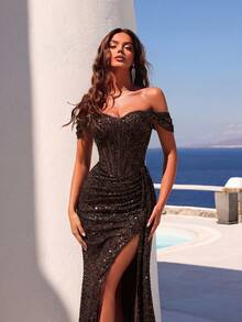 ADYCE Đầm cocktail hở vai đính sequin, xếp ly, thắt nơ phía trước, xẻ tà, hở lưng, thích hợp cho khách dự đám cưới, tiệc tối trang trọng, lễ tốt nghiệp, tiệc Giáng sinh và các dịp khác, tiệc mùa xuân. - màu nâu - Xem 6
