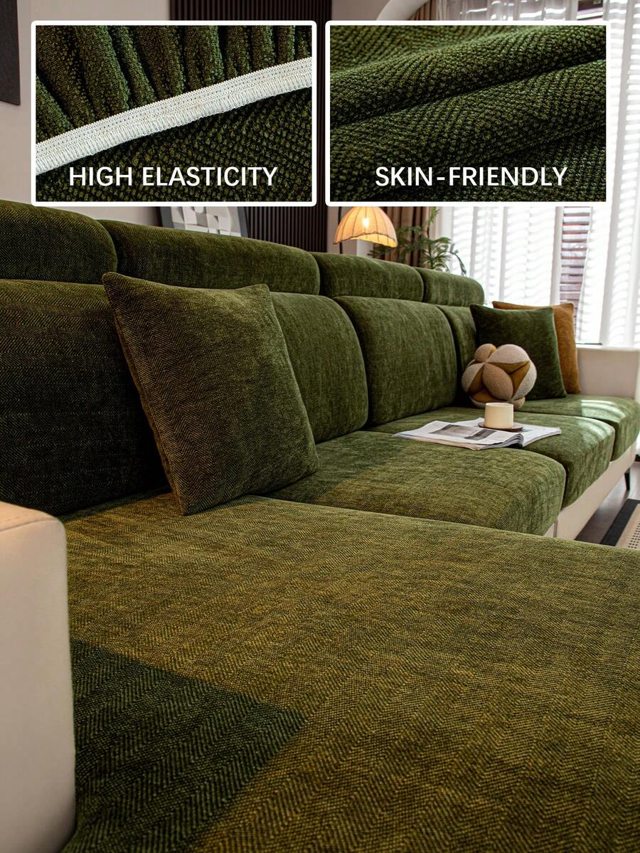 1pc Solid Color Stretch Jacquard Sofa Seat Cushion Cover, L-Shaped Sofa Cover, Separate Sofa Backrest Cover, Dirt-Resistant & Anti-Slip, Easy To Remove And Wash, Suitable For Living Room Decor, Furniture Protection, Multiple Sizes Available - Dark Green - View 1