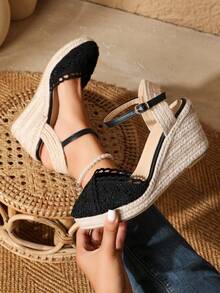 透气闭趾时尚休闲绳编坡跟女凉鞋 - 黑色 - 查看 2