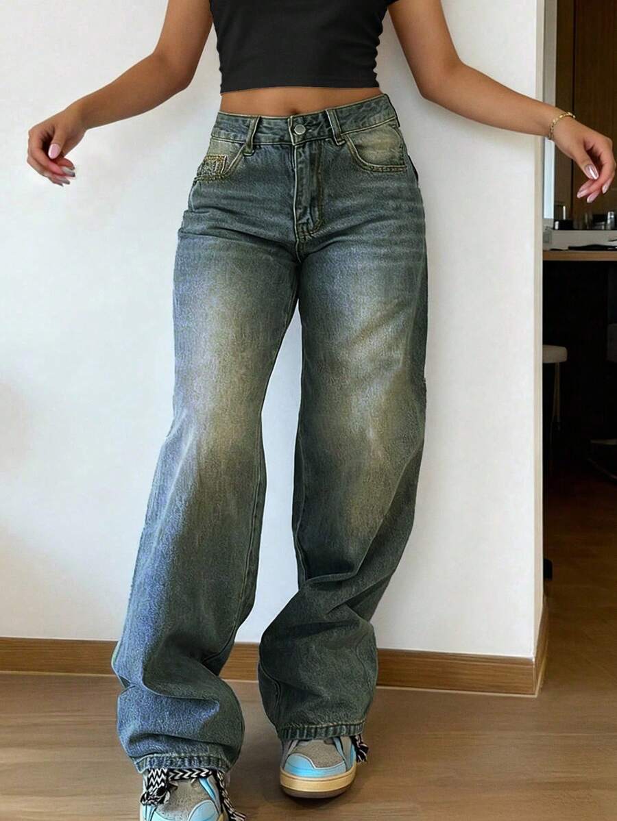 Women's Vintage Loose Stacked Straight Leg Jeans Casual Spring - Navy Blue - View 1