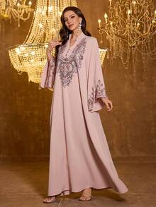 SUPGIR Women's [Random Print] Stand Collar Long Sleeve Handmade Beaded Satin Formal Dress - Pink - View 5