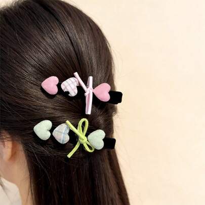 2个/4个心形蝴蝶结装饰发夹套装，可爱布艺发夹，适合日常佩戴