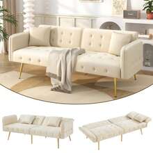Multifunctional Two-Seater Sofa Bed With Bed Function, Adjustable Backrest, And Multi-Position Armrests. Modern Folding Sofa Bed For Living Room - Velvet Upholstery. Spacious Sleeping Area. - Beige - View 3