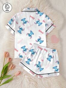 Disney Bộ đồ ngủ 2 mảnh in hình hoạt hình Stitch, kiểu dáng dễ thương, thoải mái, đa năng, tay ngắn, cạp chun, quần short cho bé gái tuổi teen, chất liệu mềm mại, thoáng khí như lụa, phù hợp mặc nhà mọi mùa. - trắng - Xem 2