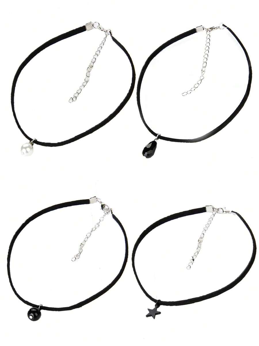 Bộ 4 mặt dây chuyền hình ngôi sao và ngọc trai cổ điển, vòng cổ choker ren phong cách punk dành cho nữ. - Nhiều màu - Xem 1