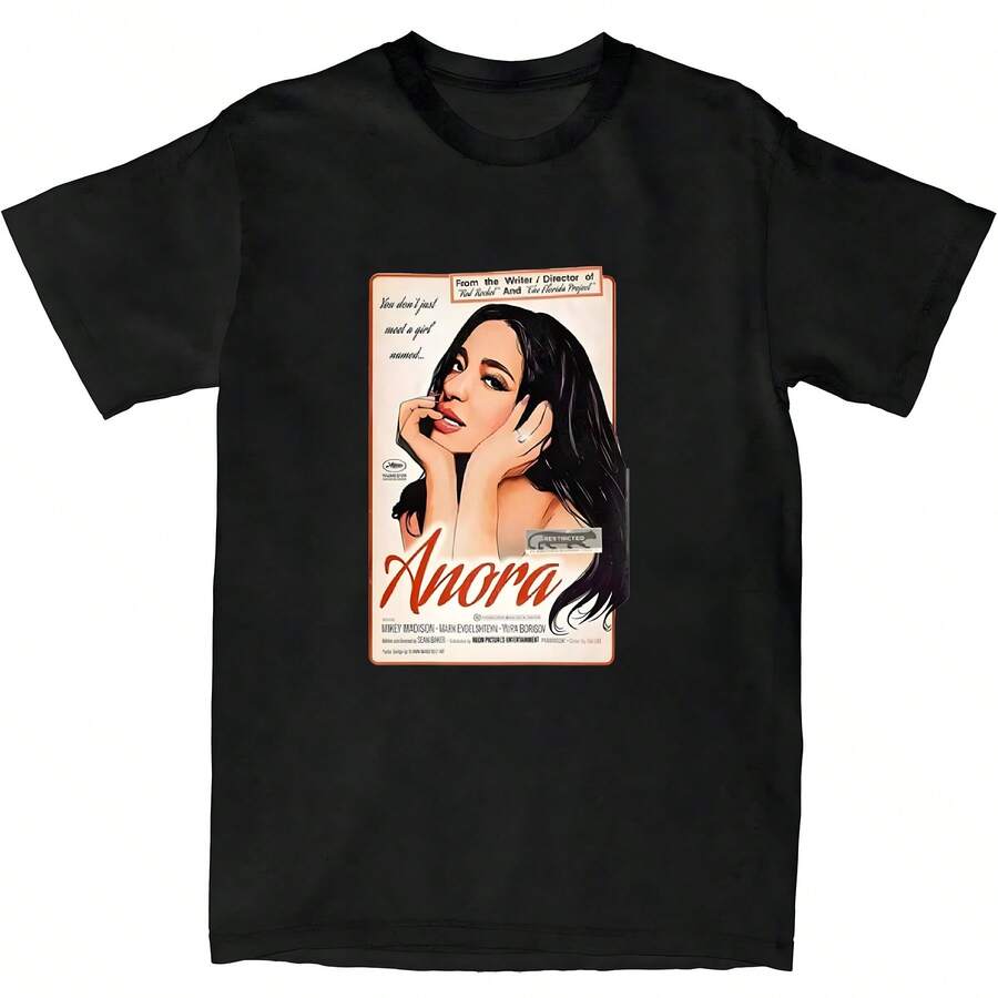 Anora Movie Printed T-Shirt Men Women Summer Fashion Clothing Casual Streetwear Cotton Tops - 黑色 - 查看 1