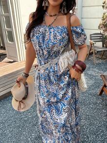 EARO 时尚女士长款连衣裙，收腰设计，显瘦，优雅印花露肩连衣裙 - 彩色 - 查看 5