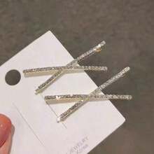 2Pcs/Hanfu Style Hair Clip; Simple Cross-Shaped One-Piece Clip; Water Diamond Hairpin; Bangs Clip; Fringe Clip; Side Clip; Accessory - 金色 - 查看 2