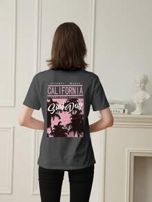 1件装女士休闲宽松度假风印花双面图案圆领T恤，百搭日常穿着，2026春夏款 - 深灰色 - 查看 3