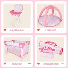 4-In-1 Baby Doll Pretend Play Set With Highchair, Bed, Cradle And Play Mat - 粉色 - 查看 3