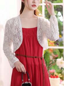 1 chiếc áo khoác cardigan ren mỏng nhẹ, áo khoác mùa hè thanh lịch tay dài thoáng mát, có thể phối cùng váy slip dress. - trắng - Xem 5
