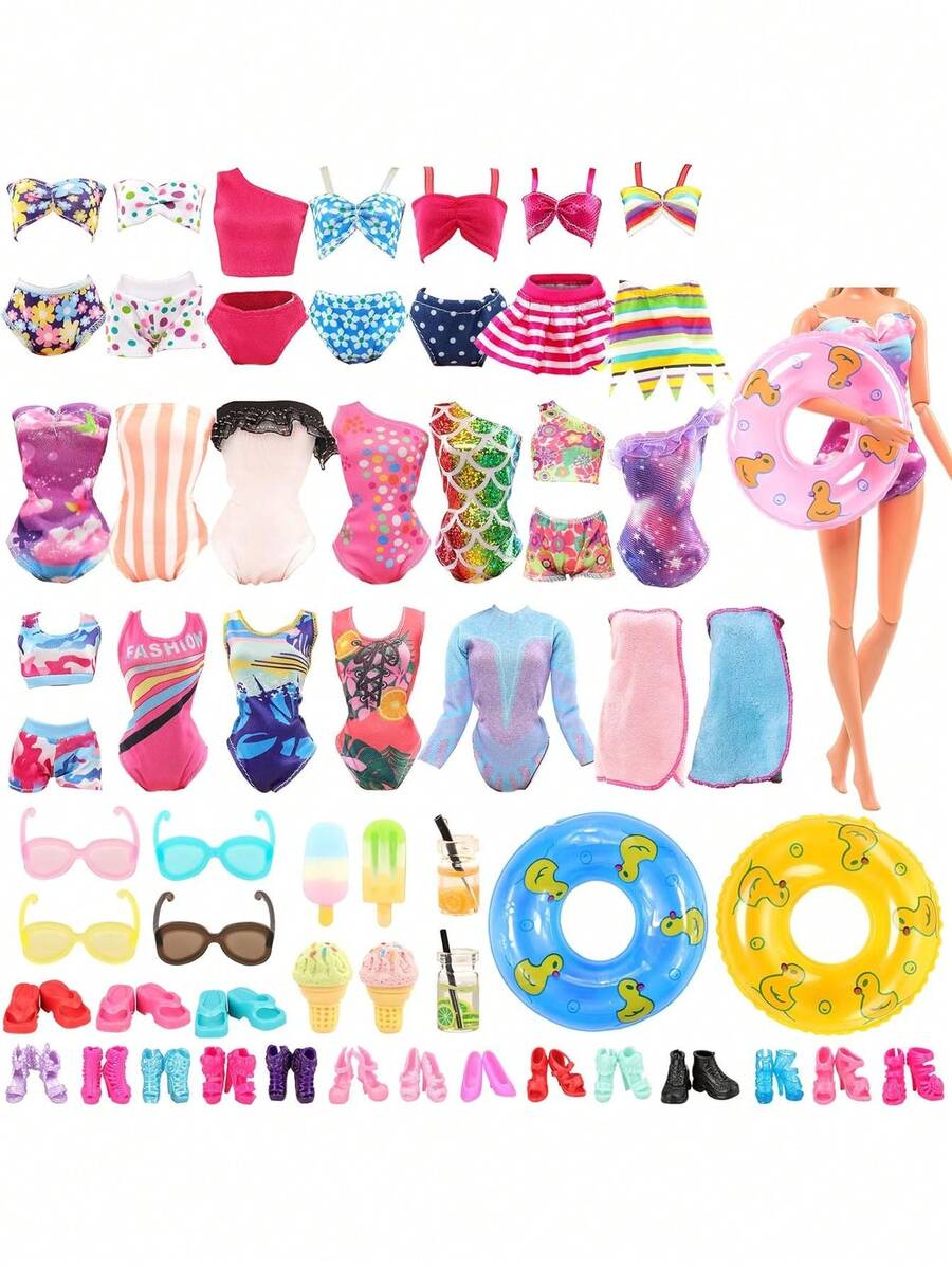 Miunana Juego de 26 Piezas de Ropa y Accesorios para muñecas de Playa Incluye 5 Trajes de baño 1 Albornoz 2 Anillos de natación con 18 anteojos para muñecas de niña de 30 centímetros Ropa y Accesorio,41023710 - Multicolor - Ver 1