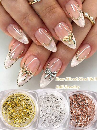 3瓶装可爱蝴蝶结美甲装饰 - 金色、银色、玫瑰金蝴蝶结，混合金属珠、珍珠、宝石、水钻，Y2K风格迷人美甲配件，美甲沙龙用品，DIY美甲材料