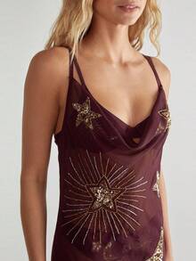 Women Sparkly Sequin Sheer Maxi Dress Sleeveless Draped Front Shinny Sun Moon Beaded Spaghetti Straps Mesh Long Dress Summer Beach See Through Backless Cover Up One Piece - 棕色 - 查看 4