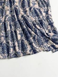 女士度假植物印花荷叶边褶皱吊带连衣裙，夏季优雅 - 藍色 - 查看 9