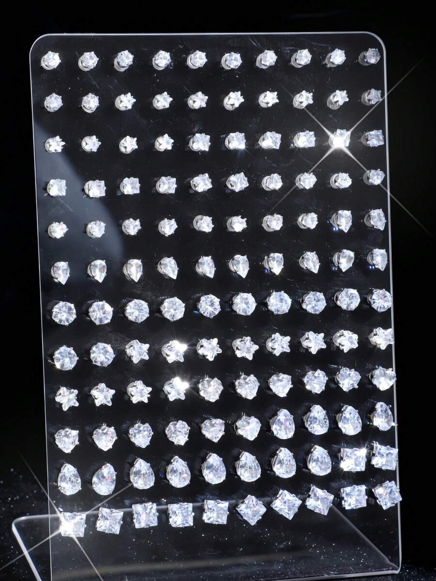 24 pièces Ensemble de boucles d'oreilles à la mode minimaliste avec zirconium cubique et rond brillant, idéal pour les fêtes, les rendez-vous, les cadeaux, et un port polyvalent au quotidien - Argent - Voir 1
