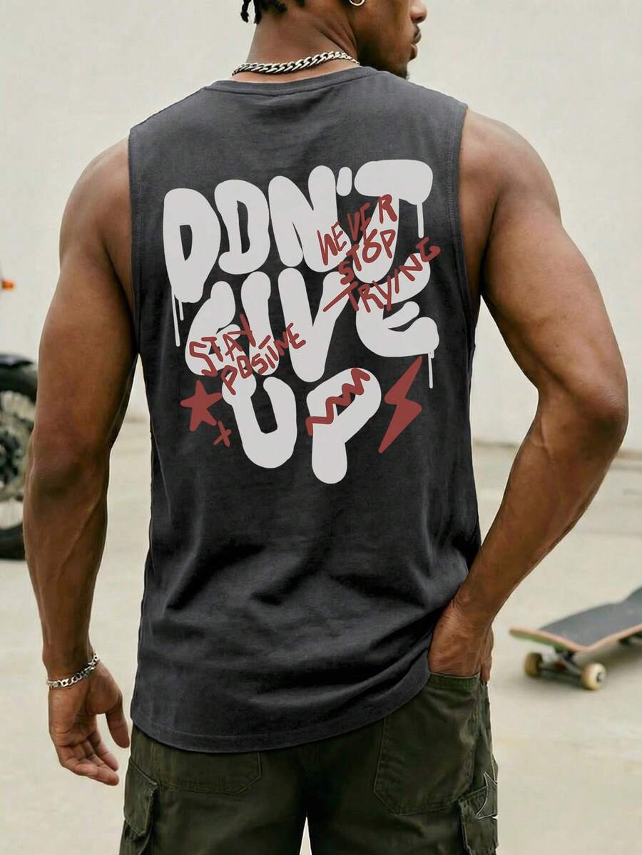 夏季新款男士街头时尚励志标语印花宽松圆领休闲背心 - 深灰色 - 查看 1