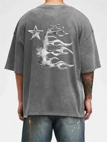 Men's Printed Pattern Washed T-Shirt - Casual Loose Summer T-Shirt With Star And Flame Design, Adult Brown 100% Pure Cotton Round Neck Shirt, Breathable T-Shirt | Avant-Garde Casual Wear | 100% Pure Cotton Printed T-Shirt - Grey - View 3