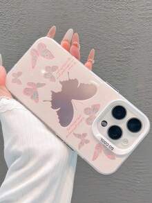 1pc Fashionable Pink Butterfly Invisible Bracket Phone Case With Mirror, Fits 11/12/13/14/15/16 Pro/17 Pro Max, Luxury Quality Full Protection Case, Valentine's Day Gift - Pink - View 5