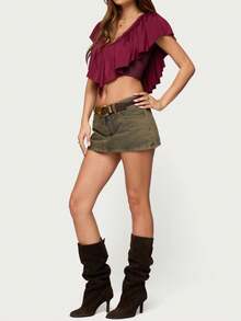 Women V Neck Ruffled Crop Top Y2K Frill Trim Batwing Sleeve Boho Blouse Summer Going Out Shirts Streetwear - Đỏ - Xem 5
