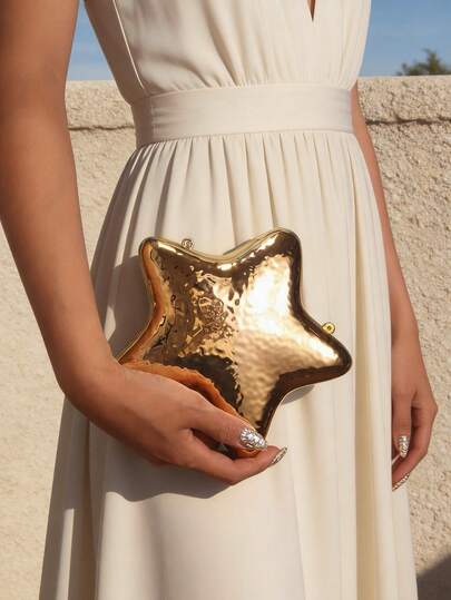 1 pieza Bolso de mano rígido con forma de estrella dorada, bolso de noche con forma de estrella, cartera de hombro mini con cadena para mujer, bolso con brillo con forma de estrella de moda adecuado para todas las ocasiones