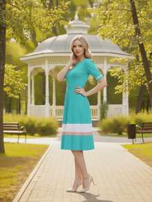 Modal Ribbed Midi Dress With Princess Sleeve Evangelical Fashion Knit Tricot 2024 - 薄荷藍 - 查看 3