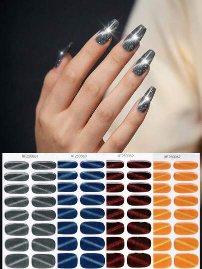 4 Colors (Wine Red/Navy Blue/Silver Gray/Bright Orange) Cat Eye Design Semi-Cured Gel Nail Stickers, 16pcs/Set, Unique Glossy Changeable Effect, Create Charming Fingertips, Long-Lasting And Durable, Protect Natural Nails, Requires UV Lamp, Suitable For Women & Girls For Social Events, Parties, Festivals, Daily Outfits, DIY Fashionable Manicure Supplies