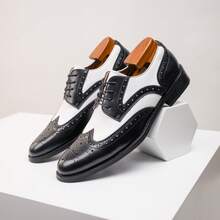 Classic Retro Men's Genuine Leather Business Casual Shoes, Comfortable And Versatile Formal Wear Men's Derby Shoes, Block Carved Lace Up Color Blocked Men's Leather Shoes - 黑與白 - 查看 2