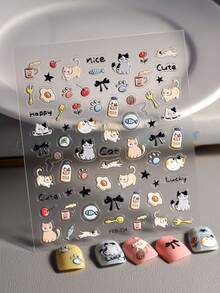 1pc 5d Embossed Cartoon Bowknot & Kitten Design Waterproof Nail Sticker Nail Stickers DIY - Nhiều màu - Xem 1