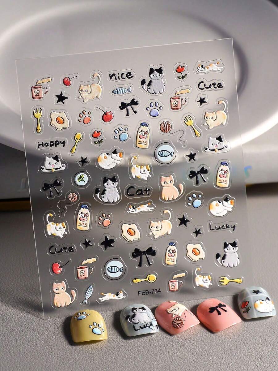 1pc 5d Embossed Cartoon Bowknot & Kitten Design Waterproof Nail Sticker Nail Stickers DIY - Nhiều màu - Xem 1