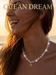 1pc Boho Summer White Natural Stone Chip Choker Necklace With Handmade Starfish Pendant, Beach Style - White - View 5
