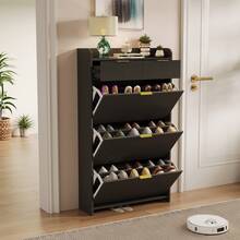 Schuhschrank mit 2 Schubladen, 3 Klappen mit verstellbarer Trennwand, Schuhschrank für 12 – 18 Paare, Schuhaufbewahrung für Eingang, Flur, Ankleidezimmer, 24 x 77 x 133 cm, Weiß/Schwarz - Schwarz - Übersicht 1