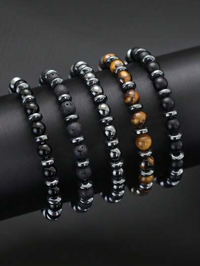 时尚石珠手链 6mm 虎眼石和玛瑙手链 自信、守护、勇气、专注、踏实，瑜伽冥想饰品 男女皆宜 Pulseira