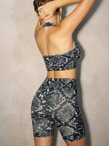 1件套蛇纹无缝高弹提臀收腹运动服，适合骑行和跑步 - 黑色 - 查看 2